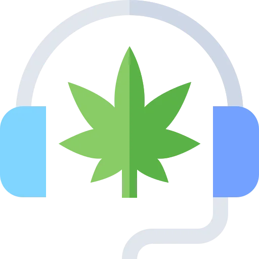 icona stilizzata colorata di un paio di cuffie con foglia di cannabis light all'interno per la pagina contatti su weed therapy
