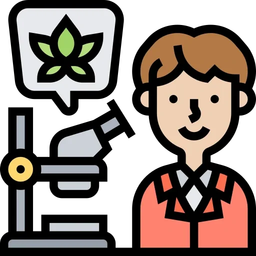 icona stilizzata colorata di un dottore in laboratorio con fiori di marijuana legale per la pagina analisi su weed therapy
